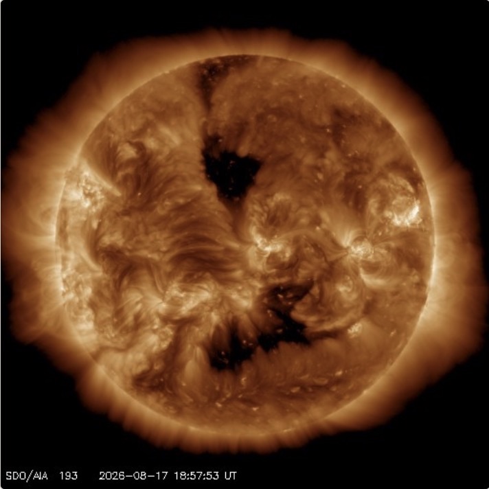 The Sun in extreme ultraviolet light with dark coronal holes, recorded by NASA’s Solar Dynamics Observatory The Sun in extreme ultraviolet light with dark coronal holes, recorded by NASA’s Solar Dynamics Observatory