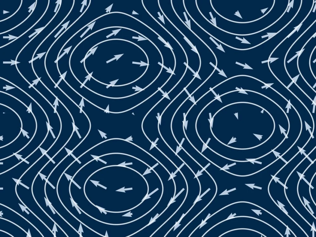 A dark blue board with closed loops and arrows drawn in white chalk A dark blue board with closed loops and arrows drawn in white chalk