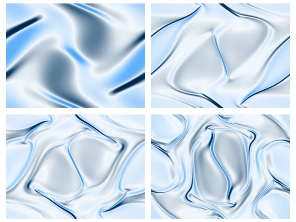 Four panels in shades of blue, each with thin winding bands that become more tangled from panel to panel