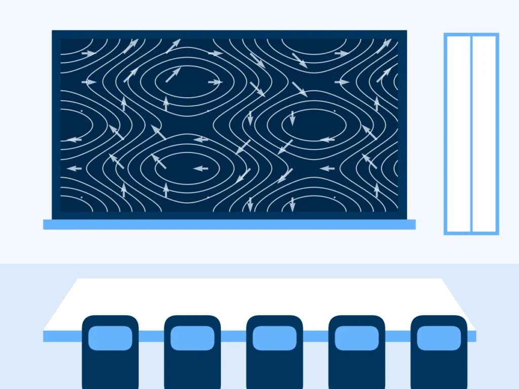 Drawing of a seminar room in blue tones: a board with a chalk sketch, a long table and chairs Drawing of a seminar room in blue tones: a board with a chalk sketch, a long table and chairs